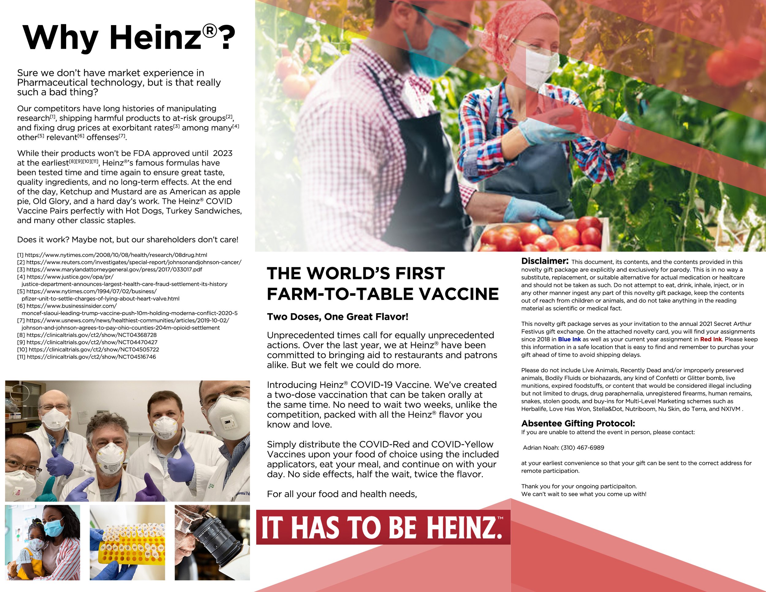Copy and images were selected to enhance the parody aspect as well as to drive home the corporate pharmaceutical aesthetic. Slight edits to color were made to some images.